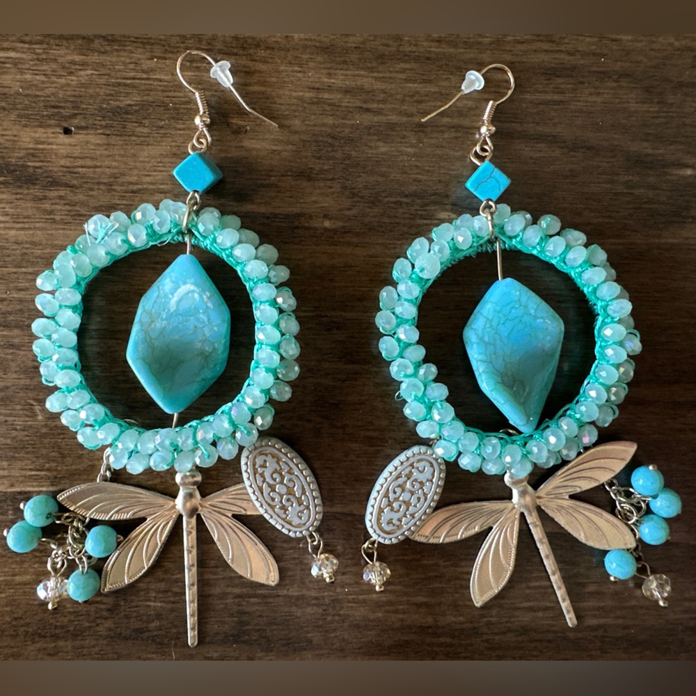 Turquoise & Dragonfly Aqua Iridescent Crystal Earrings Taylor Swift Debut ERAS